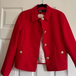 Zara Vibrant Red Blazer with Gold Buttons